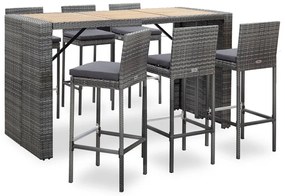 Set da bar da giardino 7 pz con cuscini in polyrattan grigio