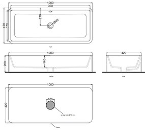 Cielo shui lavabo 100x42 da appoggio rettangolare con troppopieno in ceramica nero lucido