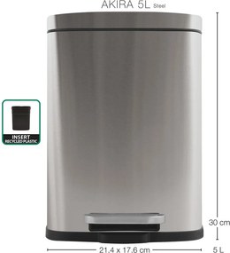 Cestino per la spazzatura color argento opaco in acciaio con pedale 5 l Akira – Spirella