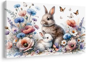Quadro su tela – Coniglietti in giardino primaverile in fiore