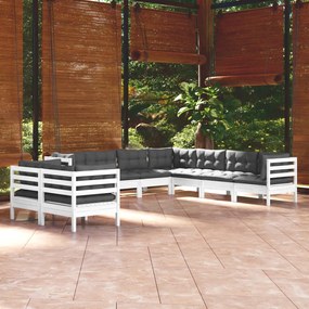 Set divani da giardino 9 pz con cuscini bianchi legno di pino