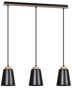 Lampadario 3 Luci Lancillotto Con Paralumi A Cono In Acciaio Nero E Legno Naturale