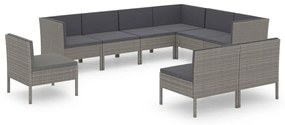 Set divani da giardino 9 pz con cuscini in polyrattan grigio