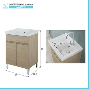 Mobile lavatoio 60x46,8 cm rovere dolomite con vasca in ceramica bianca