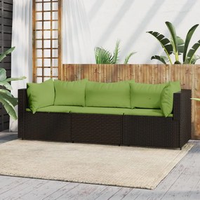 Set mobili da giardino 3 pz con cuscini in polyrattan marrone