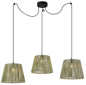 Lampada a sospensione da esterno nera con paralumi in corda verde 3 luci IP44 - Cava Jayla