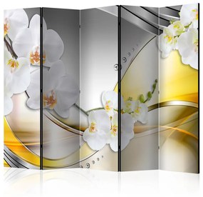 Paravento design Viaggio giallo II - orchidee bianche su sfondo astratto argento