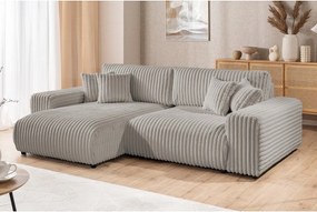 Divano angolare con penisola a sinistra grigio chiaro e rivestimento in velluto a coste allungabile e con contenitore Sarina – Ropez
