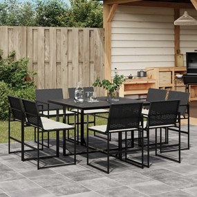 Set da pranzo da giardino 9 pz con cuscini nero in polyrattan