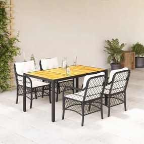 Set da pranzo da giardino 5 pz nero con cuscini in polyrattan