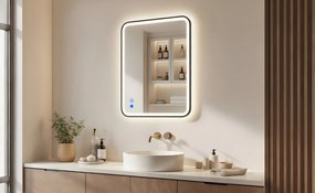 Specchio dagli angoli arrotondati con illuminazione LED in una cornice nera in alluminio