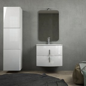 Mobile da bagno sospeso bianco lucido 70 cm con specchio filo lucido e colonna da 170 cm