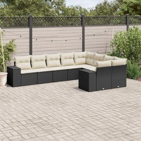 Set divani da giardino 9 pz con cuscini nero in polyrattan