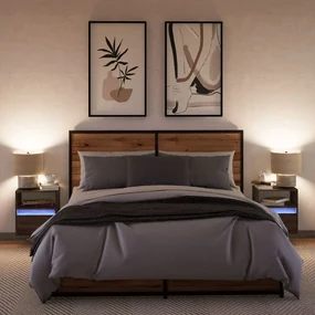 Comodini a parete con luci led 2 pz rovere marrone