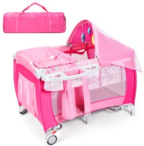 Costway Culla per bimbo pieghevole con zanzariera 124x65x121cm, Lettino bimbo a due livelli regolabile Rosa
