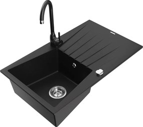 Mexen Cesar lavello in granito 1-vasca con sgocciolatoio e rubinetto da cucina Telma, nero - 6514-77-670200-70