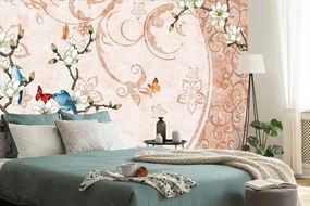 Carta da parati – Natura morta vintage con uccelli e farfalle