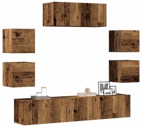 Set Mobile Tv 7 Pz Montato A Parete Legno Antico İn Truciolato /