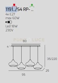 Sospensione bianco 4 luci rettangolare vetri (2 x piccolo ru + 2 x ...