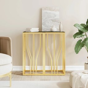 Tavolino Consolle Oro 70x30x70 Cm İn Acciaio Inox E Vetro /
