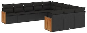 Set divani da giardino 11 pz con cuscini in polyrattan nero