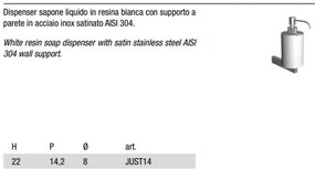 Dispenser per sapone liquido in resina bianca con supporto a parete in acciaio inox satinato AISI 304 Antonio Lupi Just14