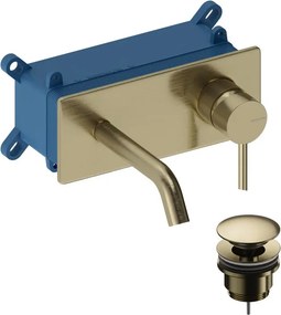 Rubinetto per lavabo Loop monocomando a parete per lavabo bocca 14cm + corpo incasso + piletta di scarico + placa rettangolare brushed gold