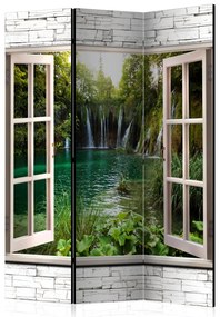 Paravento design Tesoro verde - finestra su cascata e alberi