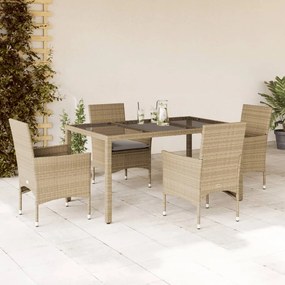 Set da pranzo da giardino 5 pz con cuscini polyrattan e vetro