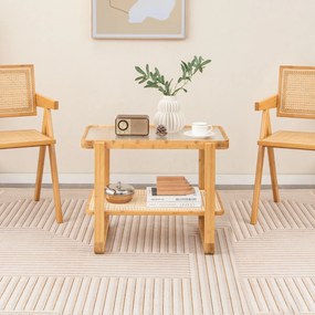 Costway Tavolino laterale in bambù a 2 ripiani, Tavolino da fumo con ripiano in rattan PE e piano in vetro Naturale