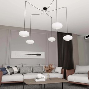 Lampadario 5 Luci Elios In Acciaio Nero Paralume Plissettato Bianco
