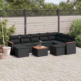 Set divani da giardino 10pz con cuscini in polyrattan nero