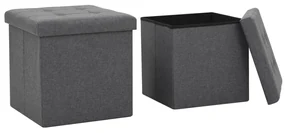 Pouf Pieghevoli Con Contenitore 2pz Grigio Scuro İn Simil Lino /