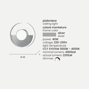 Plafoniera in metallo Argento con diffusore perimetrale D40 cm Led ELISA