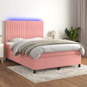 Letto A Molle Con Materasso E Led Rosa 140x200 Cm İn Velluto /