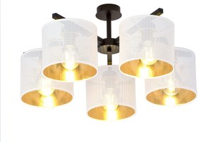 Plafoniera Industrial 5 Luci Cigno In Acciaio Bianco E Paralumi A Cilindro Oro