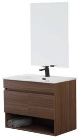 Mobile Bagno Sospeso 80 Cm Due Ante Vano a Giorno Specchio a Filo 80x60 Cm Feridras "Revital" Noce Canaletto