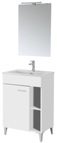Mobile Bagno a Terra 60 Cm Un'Anta Con Vano a Giorno Specchio Con Lampada Led 50x70 Cm Feridras "Greta" Bianco Lucido