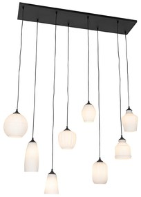 Lampada a sospensione Art Déco nera con vetro opalino a 8 luci - Hanne