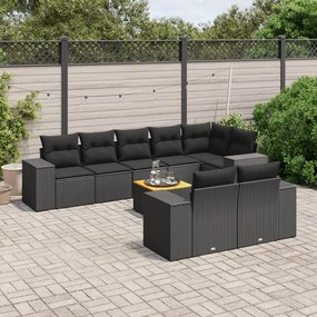 Set Divani da Giardino 9 pz con Cuscini Nero in Polyrattan