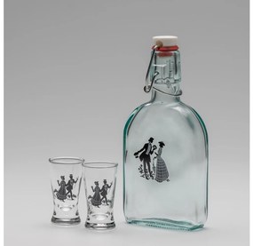Set 1x bottiglia di vetro e 2x bicchiere per shot limpido con motivo di danza