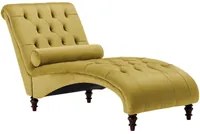 Chaise longue Senape Velluto Giallo Chesterfield Abbottonato Moderno Salotto Chaise Gambe in Legno