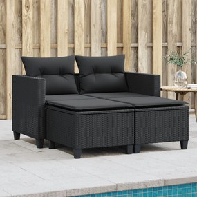 Divano da Giardino 2 Posti con Sgabelli Nero in Polyrattan