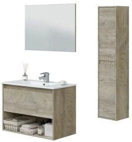 Mobile Bagno Sospeso 80 cm Vano Aperto Lavabo Specchio E Colonna Rovere Alaska VAN