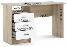 Scrivania Ufficio, Tavolo porta PC computer, 3 cassetti in legno bianco e rovere - 48x120x72