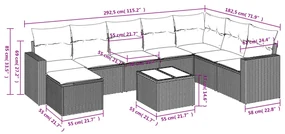 Set divani da giardino 9 pz con cuscini nero in polyrattan
