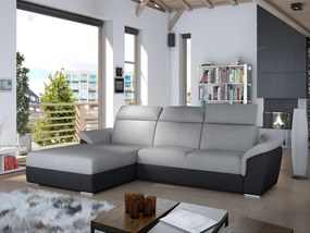 Divano letto matrimoniale angolare Cannes - Ecopelle nero+tessuto grigio chiaro liscio