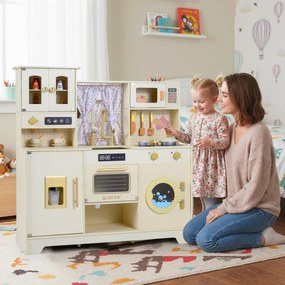 Costway Cucina giocattolo bambini legno 3+ anni fornelli rubinetto lavello caffè ghiaccio, Set gioco microonde 14 accessori