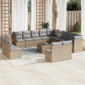 Set divani da giardino 14pz con cuscini in polyrattan beige