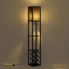 Lampada da terra moderna nera con paralume in tessuto e portabottiglie - Stojan Wine